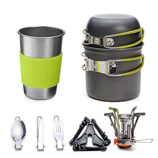 Camping Cookware Kit with Pot Stove Outdoor Picnic Hiking Cooking Equipment 